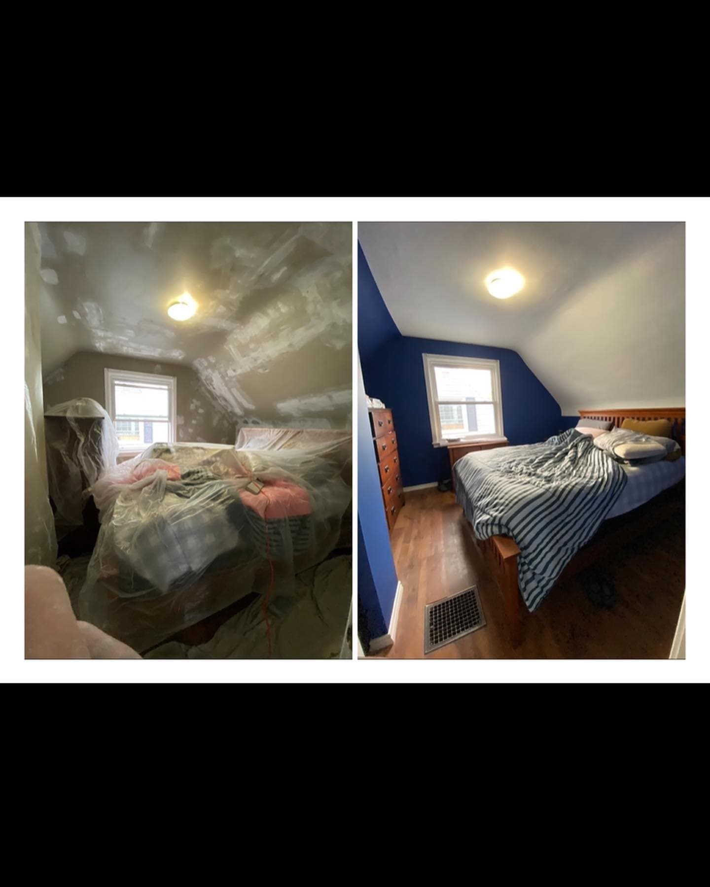 Before and after comparison of a bedroom renovation